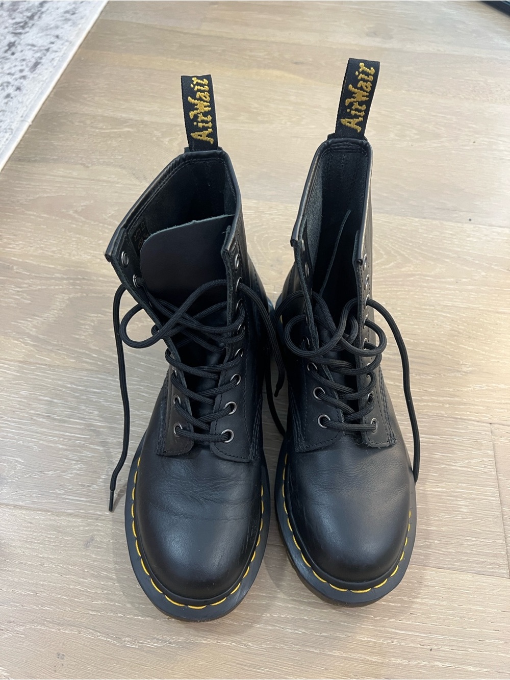 Dr. Martens Black Leather Lace-Up Boots with Yellow Stitching